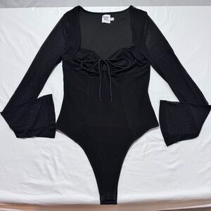 Princess Polly Black Mesh Tie Front Bell Sleeve Bodysuit Snap Crotch Womens US 8